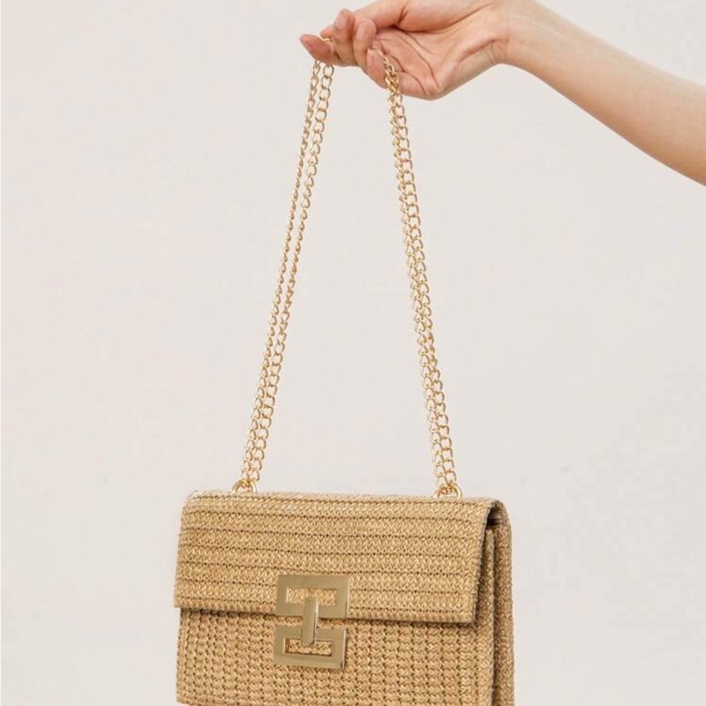 Flap Lock Straw Chain Bag